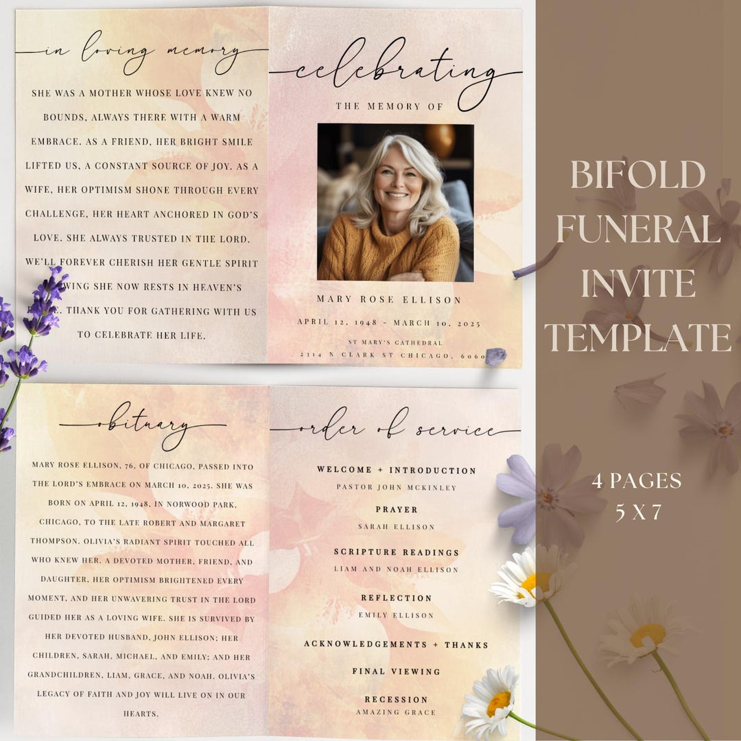 Editable Funeral Bi-fold Program Template | Sunlit Peach Blush Obituary ...