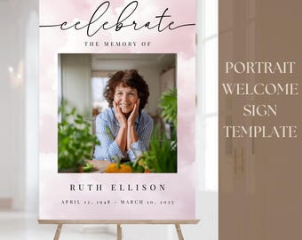 Editable PORTRAIT Funeral Welcome Sign | Celebration of Life Poster Digital Template | DIY Loving Memory Heavenly Blush Pink Memorial Design