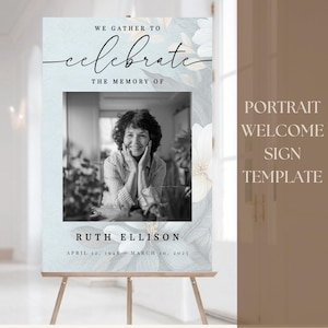 Editable PORTRAIT Funeral Welcome Sign | Celebration of Life Poster Digital Template | DIY Loving Memory Floral Blue Lily Memorial Design
