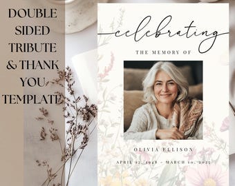 Editable Funeral Double-Sided Tribute Design Template | Wildflower Announcement & Thank You | Celebration Life Memorial Welcome DIY Keepsake