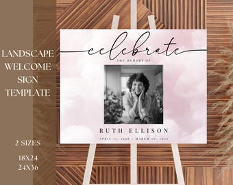 Editable LANDSCAPE Funeral Welcome Sign | Celebration of Life Poster Digital Template | Loving Memory Heavenly Blush Pink Memorial Design