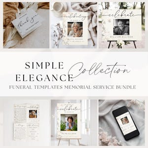 Paquete de papelería funeraria editable y elegante / Plantillas digitales Celebración de la vida / Programa, cartel de bienvenida, tarjeta de agradecimiento y Evite