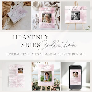 Paquete romántico de funeral editable con rubor celestial / Plantillas digitales Celebración de la vida / Programa, cartel de bienvenida, tarjeta de agradecimiento y Evite