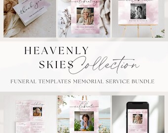 Editable Funeral Heavenly Blush Romantic Bundle | Digital Templates Celebration of Life | Program, Welcome Sign, Thank You Card & Evite