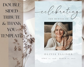 Editable Funeral Double-Sided Tribute Design Template | Beach Ocean Announcement & Thank You | Celebration Life Memorial Welcome Keepsake