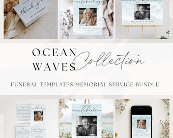 Editable Funeral Beach Ocean Waves Stationary Bundle | Digital Templates Celebration of Life | Program, Welcome Sign, Thank You Card & Evite