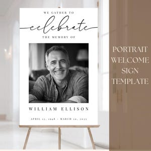 Editable PORTRAIT Funeral Welcome Sign | Celebration of Life Poster Digital Template | DIY Loving Memory Minimal Back White Memorial Design