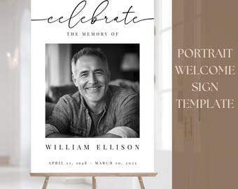 Editable PORTRAIT Funeral Welcome Sign | Celebration of Life Poster Digital Template | DIY Loving Memory Minimal Back White Memorial Design