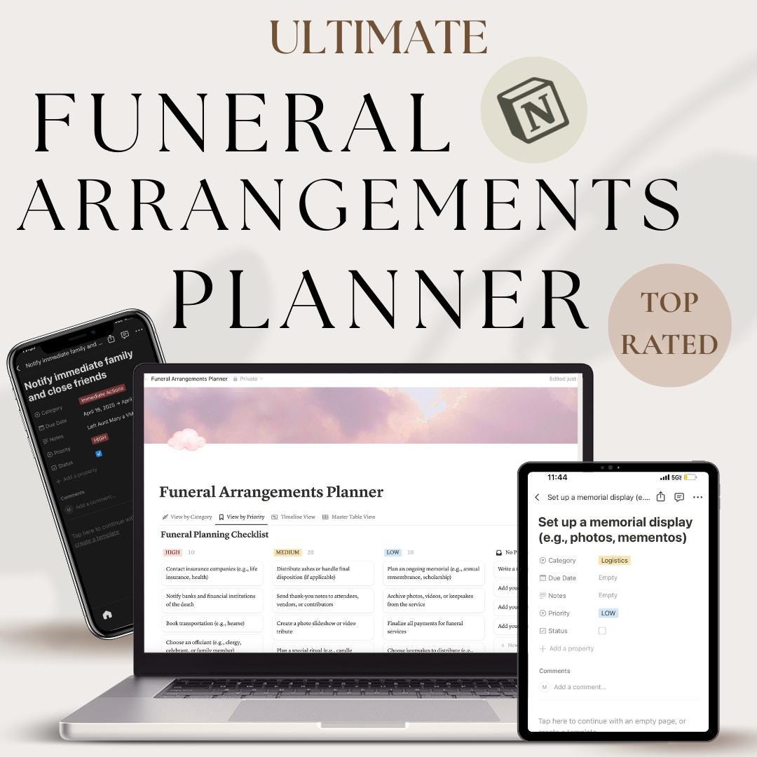 Funeral Arrangements Digital Planner | Notion Template for Memorial Service | End of Life Checklist Organizer | Bereavement Task To Do Guide