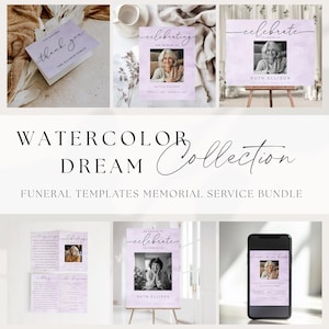 Ensemble de papeterie funéraire aquarelle violet clair | Modèles numériques modifiables Célébration de la vie | Programme, panneau de bienvenue, remerciement et invitation