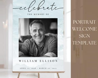 Editable PORTRAIT Funeral Welcome Sign | Celebration of Life Poster Digital Template | In Loving Memory Display | DIY Ocean Memorial Design