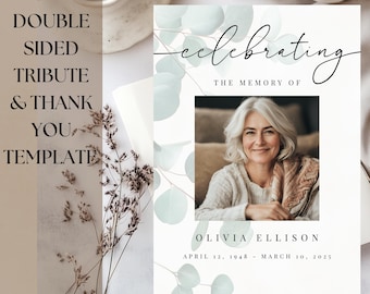 Editable Funeral Double-Sided Tribute Design Template | Eucalyptus Announcement & Thank You | Celebration Life Memorial Welcome DIY Keepsake