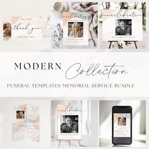 Paquete moderno de papelería funeraria editable / Plantillas digitales para celebrar la vida / Programa, cartel de bienvenida, tarjeta de agradecimiento y Evite