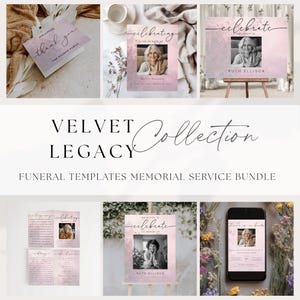 Ensemble de papeterie funéraire en velours violet foncé | Modèles numériques modifiables Célébration de la vie | Programme, panneau de bienvenue, remerciement et invitation