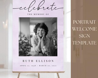 Editable PORTRAIT Funeral Welcome Sign | Celebration of Life Poster Digital Template | DIY Loving Memory Purple Watercolor Memorial Design