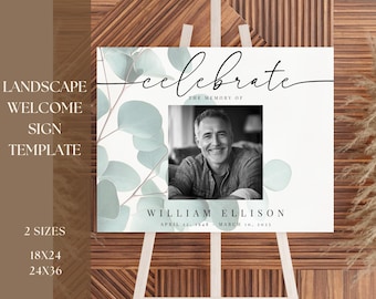 Editable LANDSCAPE Funeral Welcome Sign | Celebration of Life Poster Digital Template | In Loving Memory Sage Eucalyptus Memorial Design