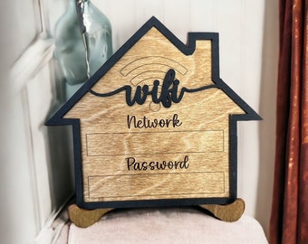 Wifi Password Sign with Easel | Wooden Password Sign | Network Password Sign | House Shaped Sign | Home Office Password Sign