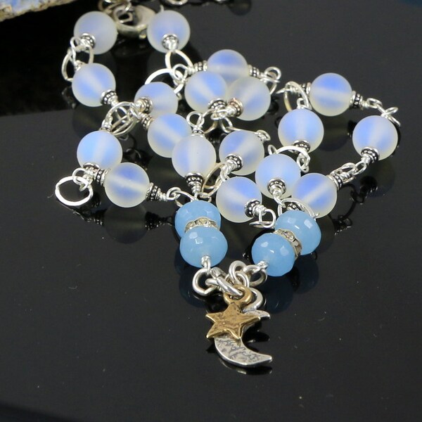 White Opalescent Recycled Sea Glass Blue Quartz Gemstone Moon Star Necklace