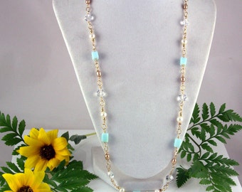 Blue Peruvian Opals Fresh Water Pearls Austrian Crystals Gold Necklace