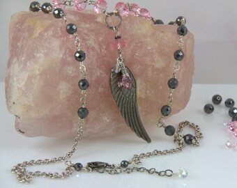 Pink Austrian Crystals Faceted Hematite Gunmetal Angel Wing Necklace