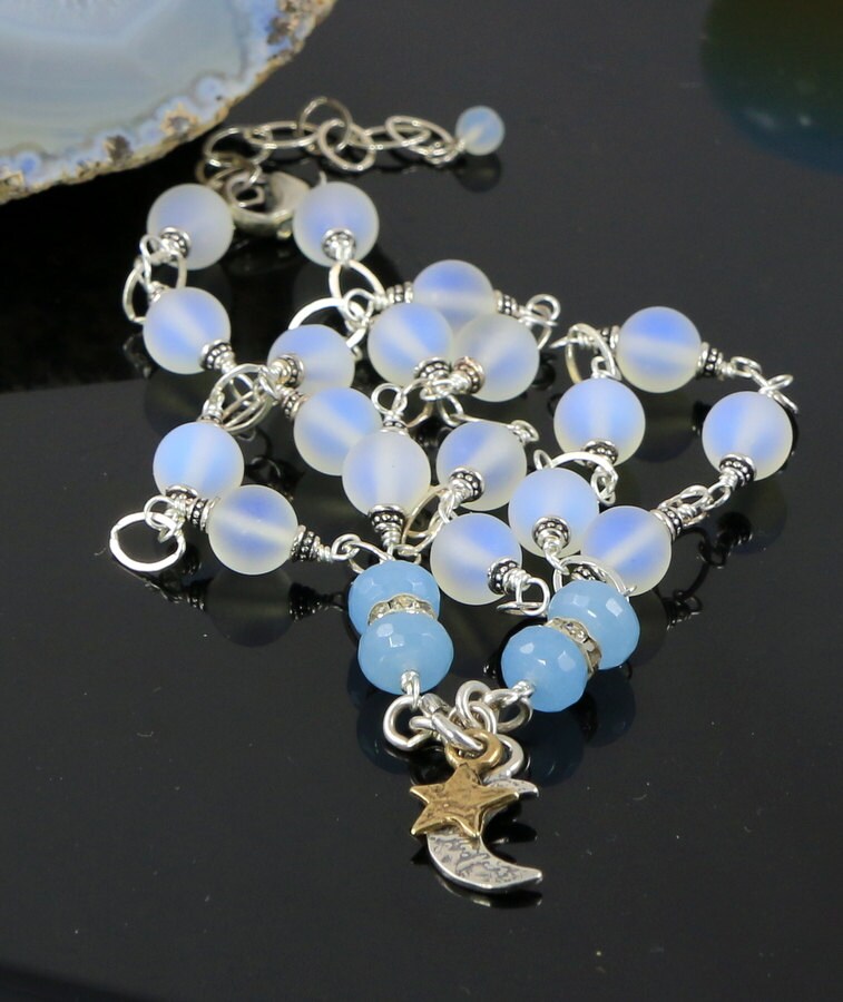 White Opalescent Recycled Sea Glass Blue Quartz Gemstone Moon Star Necklace