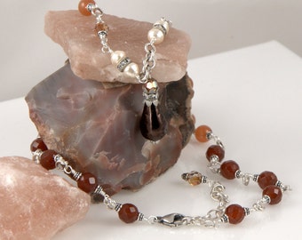 Shades of Carnelian Gemstones Austrian Crystal Glass Pearls Vintage Rhinestone Necklace