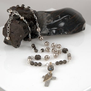 Smoky Quartz Faceted Carved Beads Pinched Pearls Old World Cross Heart Charm Necklace