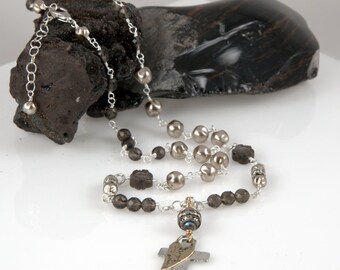 Smoky Quartz Faceted Carved Beads Pinched Pearls Old World Cross Heart Charm Necklace