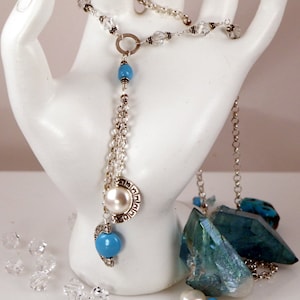 Turquoise and White Austrian Coin Pearl and Austrian Crystal Sterling Silver Necklace