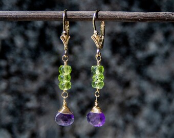 Amethyst Teardrop Earrings: 14K Gold Filled Lever Back, Peridot Accent