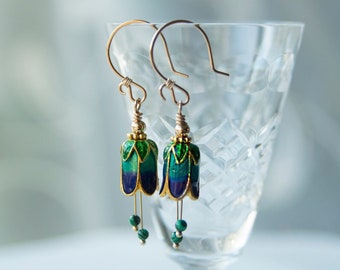 Peacock Bell Flower Earrings: Cloisonné Enamel, Malachite Stamen