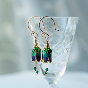 Peacock Bell Flower Earrings | Cloisonné Fairy Flower Earrings | Enamel Bell Flower Earrings | Flower Earrings