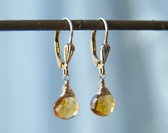 Citrine Teardrop Earrings: 14K Gold Filled Lever Backs, November Birthstone