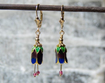 Cloisonné Bell Flower Earrings: 24K Gold, Enamel & Garnet