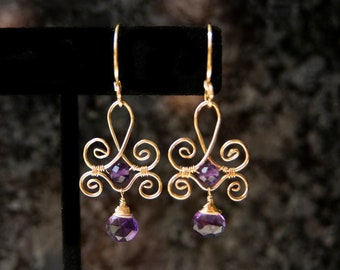 Amethyst Fleur-de-Lis Earrings: 14k Gold Filled Dangle Jewelry
