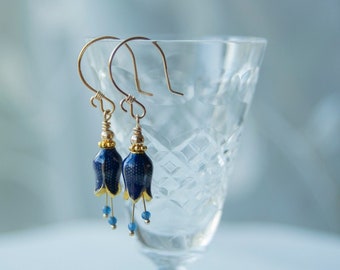 Blue Enamel Bell Flower Earrings: Cloisonné 24K Gold-Plated