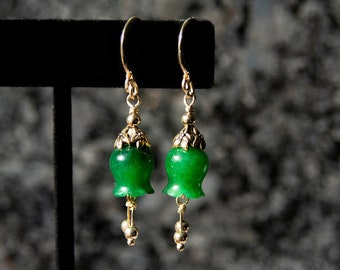 Jade Bell Flower Earrings: 14K Gold Filled, Green Carved Stone