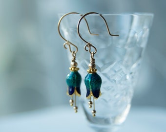 Enamel Bell Flower Earrings: Petite Cloisonné 24K Gold, 14K Gold Filled