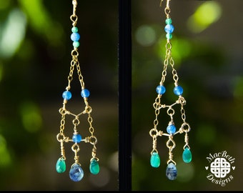 Kyanite and Green Onyx 14K Gold Filled Chandelier Earrings