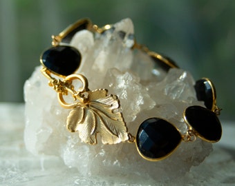 Black Onyx Bracelet: 22K Gold Grape Leaf Toggle Clasp