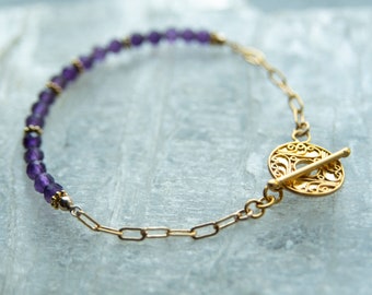 Amethyst Bracelet: 24K Gold Vermeil Bali Toggle Clasp, 7"