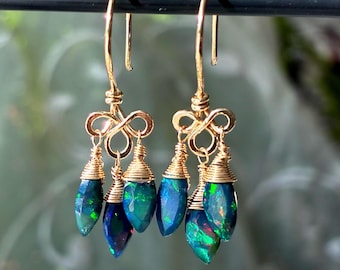 Black Opal and 14K Gold Filled Chandelier Earrings | Black Opal Chandelier Earrings