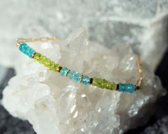 Apatite Peridot Bracelet: 14K Gold Filled Gemstone Bar, Adjustable