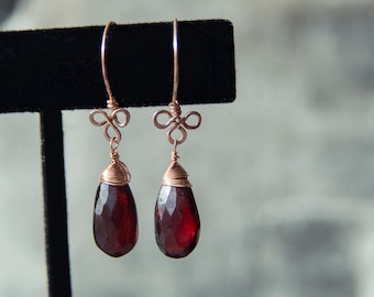Garnet Spears and Rose Gold Trefoil Earrings | Large Garnet Teardrop Earrings | Garnet Earrings