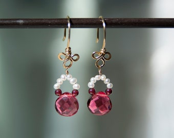 Tourmaline Teardrop Earrings: 14k Gold Filled, Garnet & Pearl