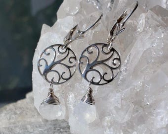 Sterling Silver Tree of Life Moonstone Dangle Earrings