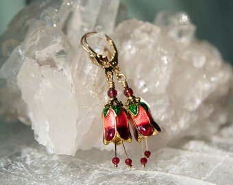 Cloisonné Bell Flower Earrings: 24K Gold, Garnet Stamen