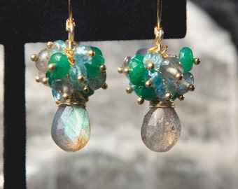 Labradorite and Jade Gemstones 14K Gold Earrings