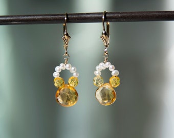 Citrine Teardrop Earrings: 14k Gold Filled, Seed Pearl Accents