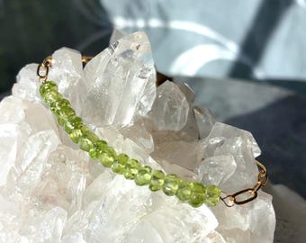 Peridot Gemstone Bracelet: 14K Gold Filled Adjustable Bar Bracelet